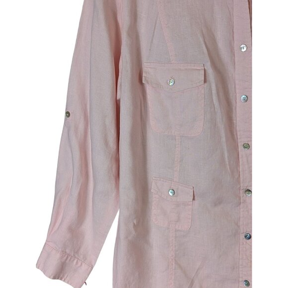 Conrad C Plus size 2X Pink 100% Linen Roll-Up Long Sleeve Button Shirt Blouse - Picture 5 of 13